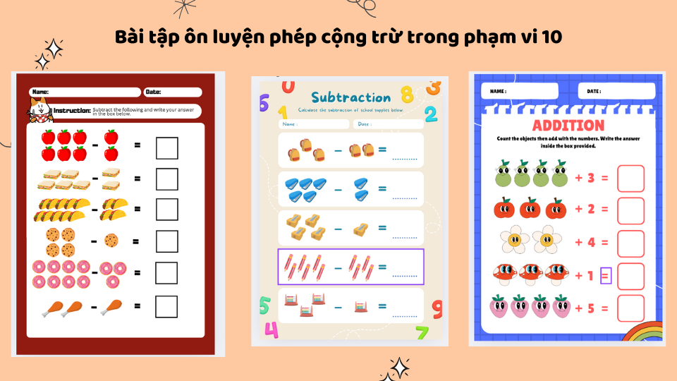 Bài tập ôn luyện phép cộng trừ trong phạm vi 10